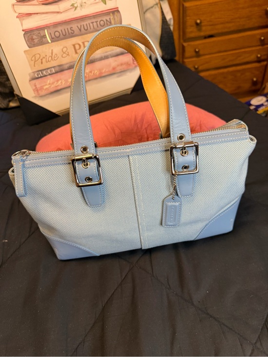Coach Handbags - Coach Hamptons Vintage Canvas & Leather Tote Bag Y2K Baby Blue Zip Top #1842